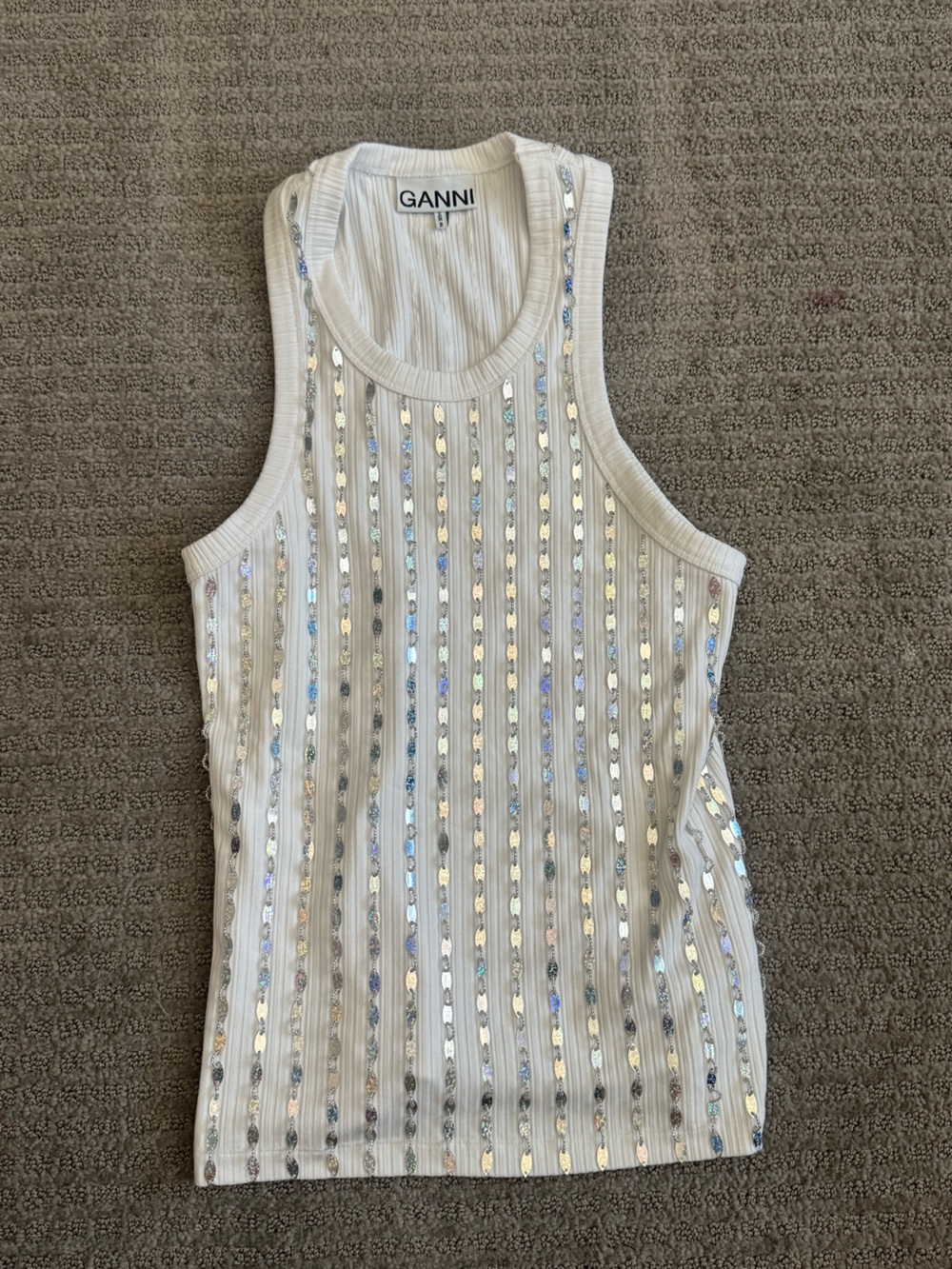 Ganni White Sequin Ribbed Tank
